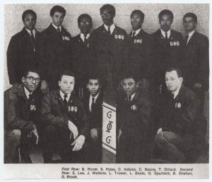 Groove Phi Groove fraternity in 1969. Virginia Tech's first black organization on campus.  Groove Phi Groove, 1969 First Row: B. Rimm, S. Pyles, C. Adams, C. Beane, T. Dillard Second Row: S. Lee, J. Watkins, L. Trower, L. Beale, G. Spurlock, B. Shelton, G. Brook