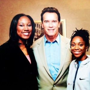 Tisha with Arnold Shwarzenegger, while a reporter in Bakersfield, CA.