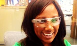 Tisha wearing Google Glass.